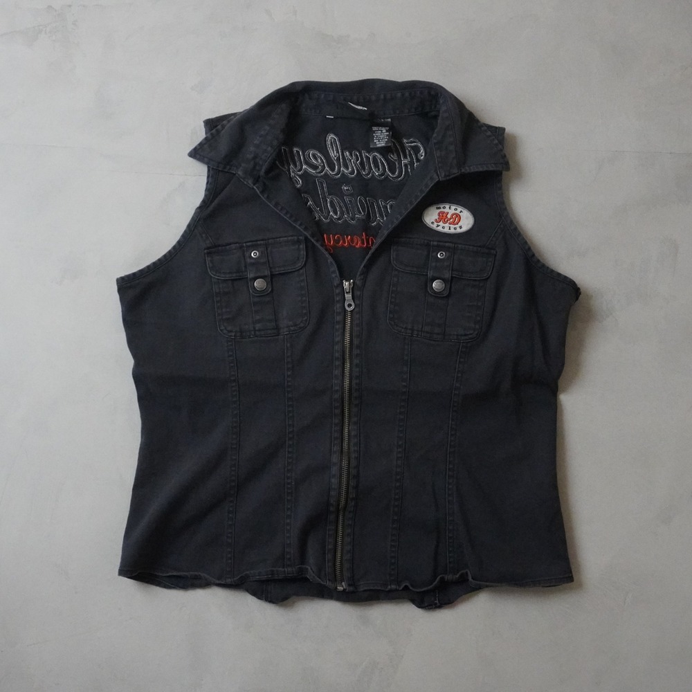 Harley-Davidson Biker XL Vest Womens Black Denim Embroidered Logo Full Zip